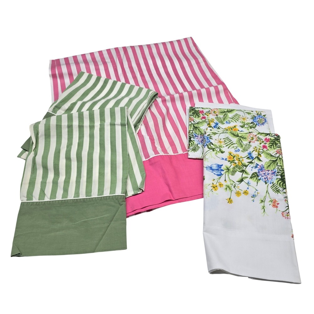 Vintage Cannon Pequot Pink Sheet Green Stripe Floral Pair Pillowcases Cottage